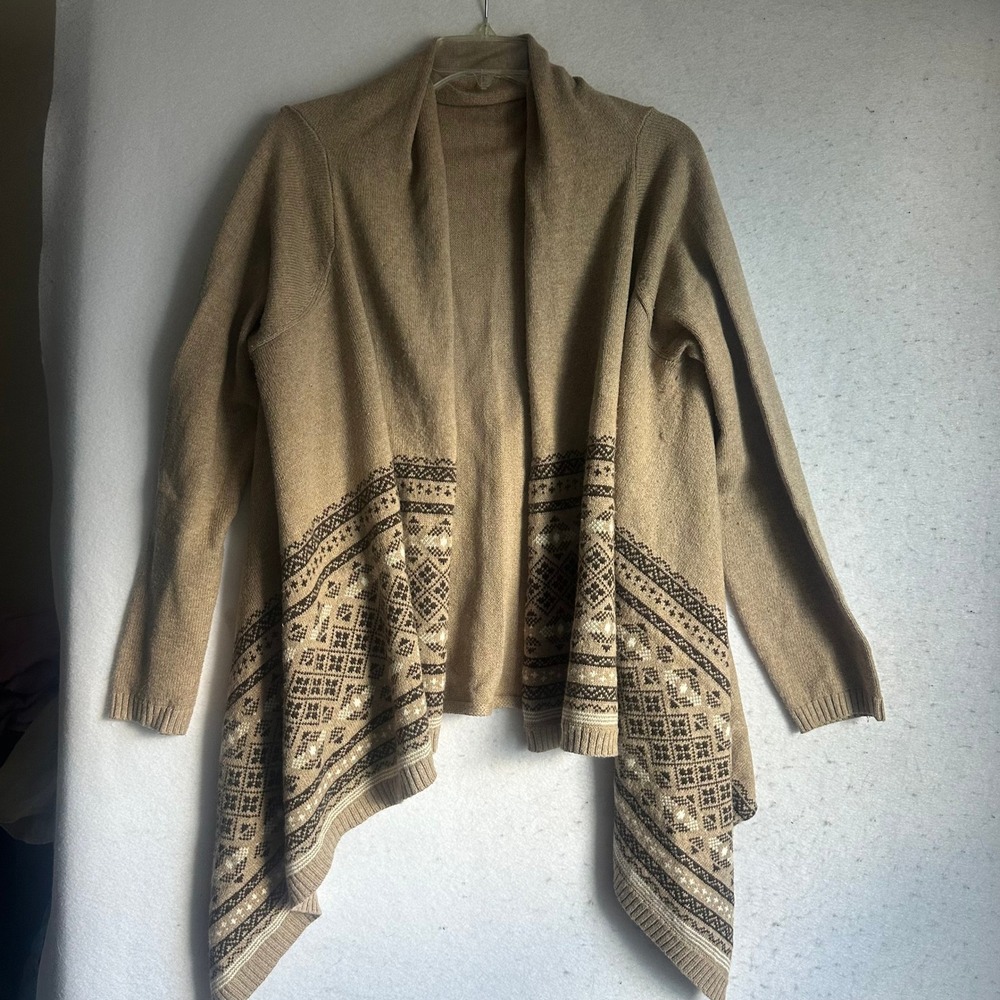 Lands End Womens Tan Fair Isle Knit Open Front Draped Cardigan Sweater M 10-12